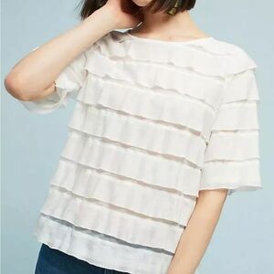 Vanessa Virginia White Sheer Textured Shirt Tiered Ruffles Size Small Holiday